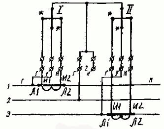Схема на полу-непряко включване на трифазен двуелементен активен електромер в трипроводна мрежа
