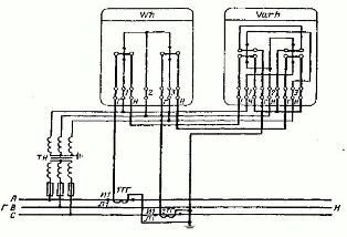 Dviejų elementų aktyviosios ir reaktyviosios energijos skaitiklių netiesioginio įtraukimo į trijų laidų tinklą, didesnį kaip 1 kV, schema