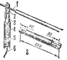Držák elektrody: 1 - elektroda, 2 - pružina, 3 - trubka, 4 - gumová hadice, 5 - šroub a matice M8, 6 - kabel
