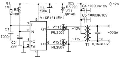 Elektrisch schema van een 12V naar 220V 50Hz converter
