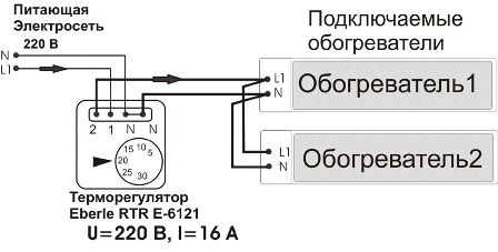 Dviejų infraraudonųjų spindulių šildytuvų, skirtų temperatūros reguliatoriui „Eberle RTR-6163“, prijungimo schema