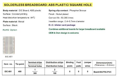 Product label on solderless breadboard