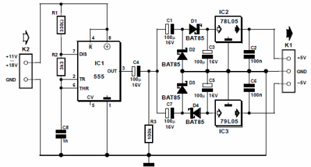 Esquema de um conversor de voltagem de micropoder em um timer 555