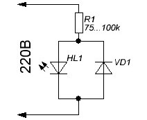 Prijungimo schema lygiagreti su apsauginio diodo šviesos diodu