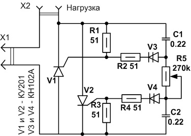 Circuit thyristor vermogensregelaar met twee thyristors