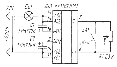 Tipična shema za uključivanje mikro kruga faznog regulatora snage KR1182PM1