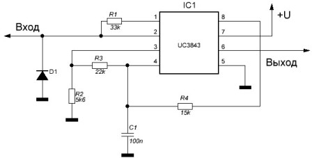 Pagrindinio PWM generatoriaus schema UC3843 mikroschemoje