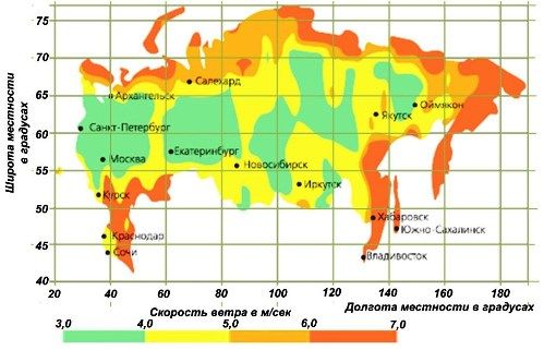 Prosječna godišnja distribucija vjetrova na području Rusije, određena za visine od 50 metara
