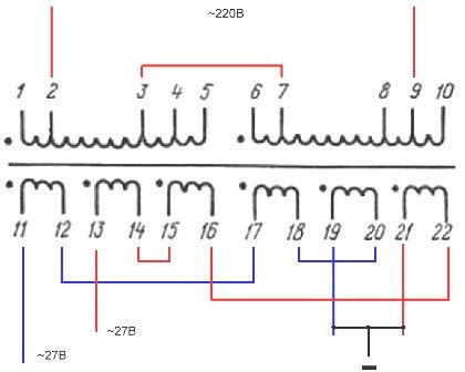 Připojení vinutí transformátoru ТПП-281-127 / 220-50