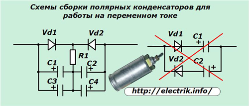 Diagramas de ensamblaje de condensadores polares para operación de CA