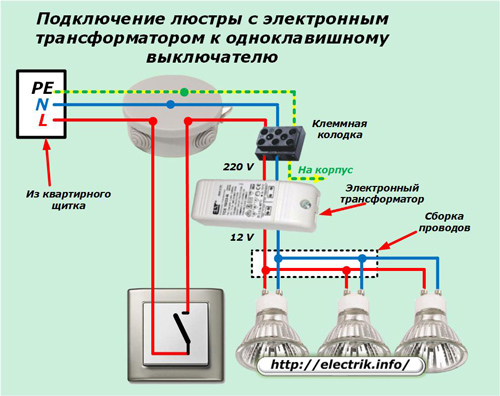 Elektronikus transzformátorcsillár csatlakoztatása az egygombos kapcsolóhoz