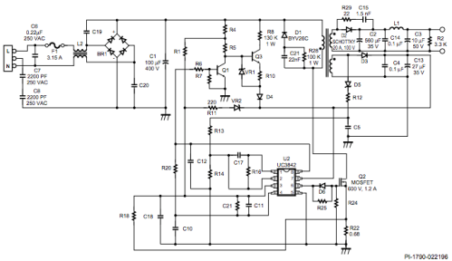 O circuito da fonte de alimentação no controlador PWM UC3842