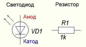 Designation on the diagrams of LEDs and resistors