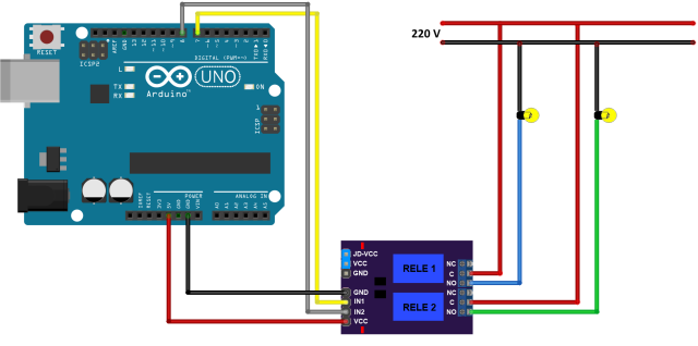 Dijagram povezivanja od 220 V opterećenja za Arduino putem releja
