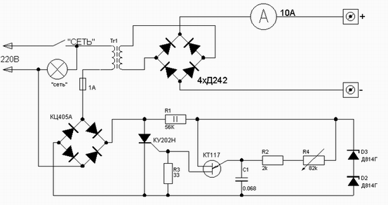 Dijagram podesivog punjača akumulatora s tiristorskim regulatorom