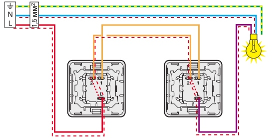 Light control circuit from 2 places using walk-through switches