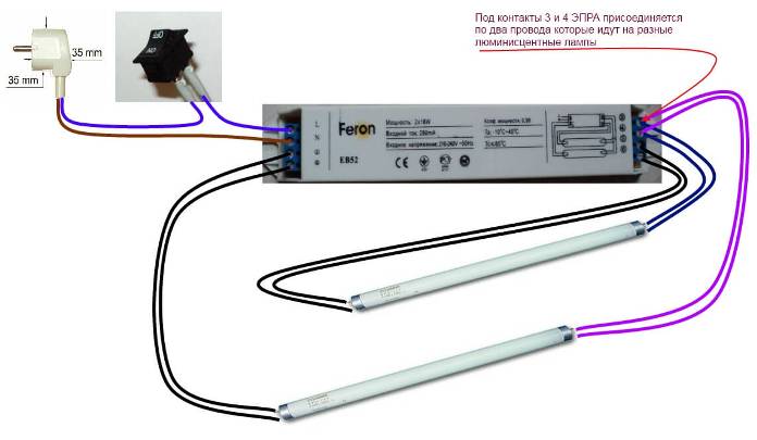 Het schema van opname van een fluorescentielamp met elektronische voorschakelapparaten