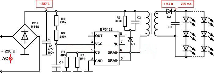 Typický obvod ovladače pro LED transformátorů