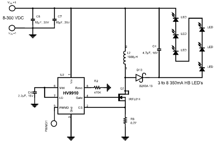 Typický 220V beztransformátorový budicí obvod pro LED diody