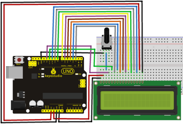 A kijelzőnek az Arduino-hoz való csatlakoztatásának sémája 8 bites vezérlés módban