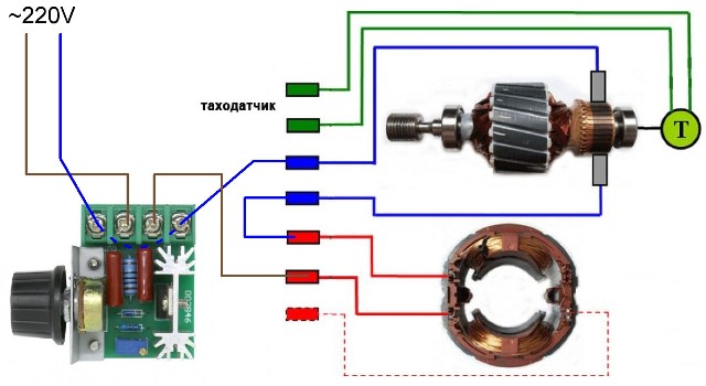 Kopplingsschema för motorn från tvättmaskinen med möjlighet att justera hastigheten