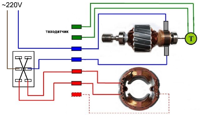 Kopplingsschema för motorn från tvättmaskinen med förmåga att växla rotationsriktningen