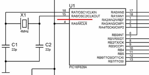 Fragmento de circuito com um ressonador externo conectado ao pic16f628a