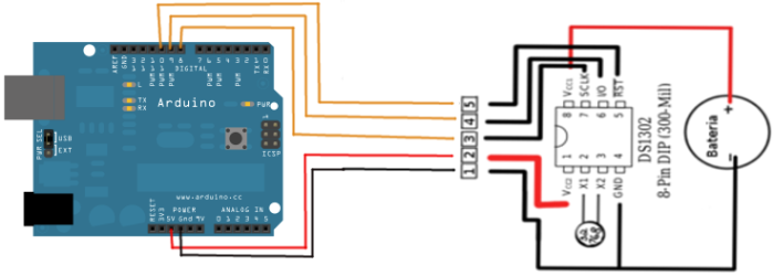 DS1302 prijungimo prie Arduino schema