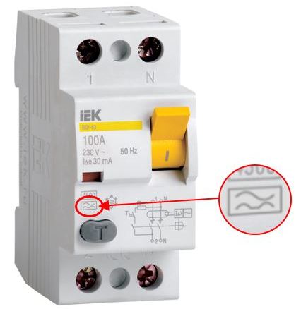 Type A marking mark on the VD1-63 IEK® enclosure (RCD)