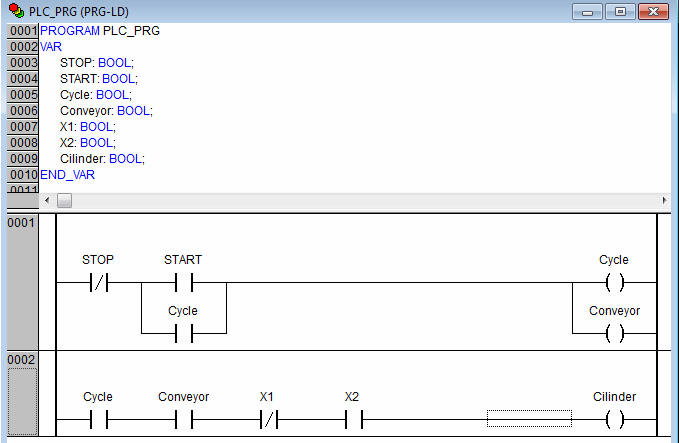 Žebříkový program pro PLC v automatickém systému vyřazování lahví CodeSys